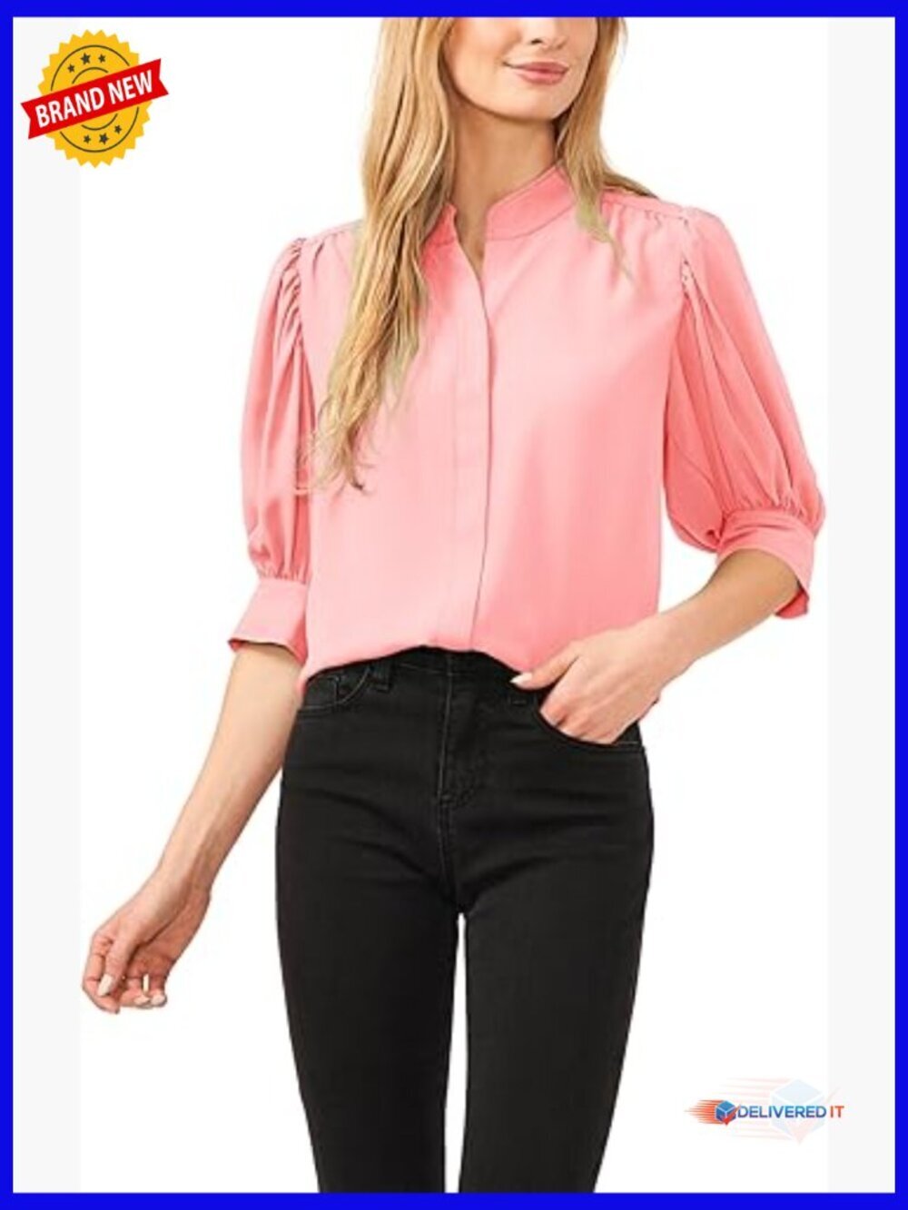 Women's Open Collar Short Sleeve Top with Hidden Placket